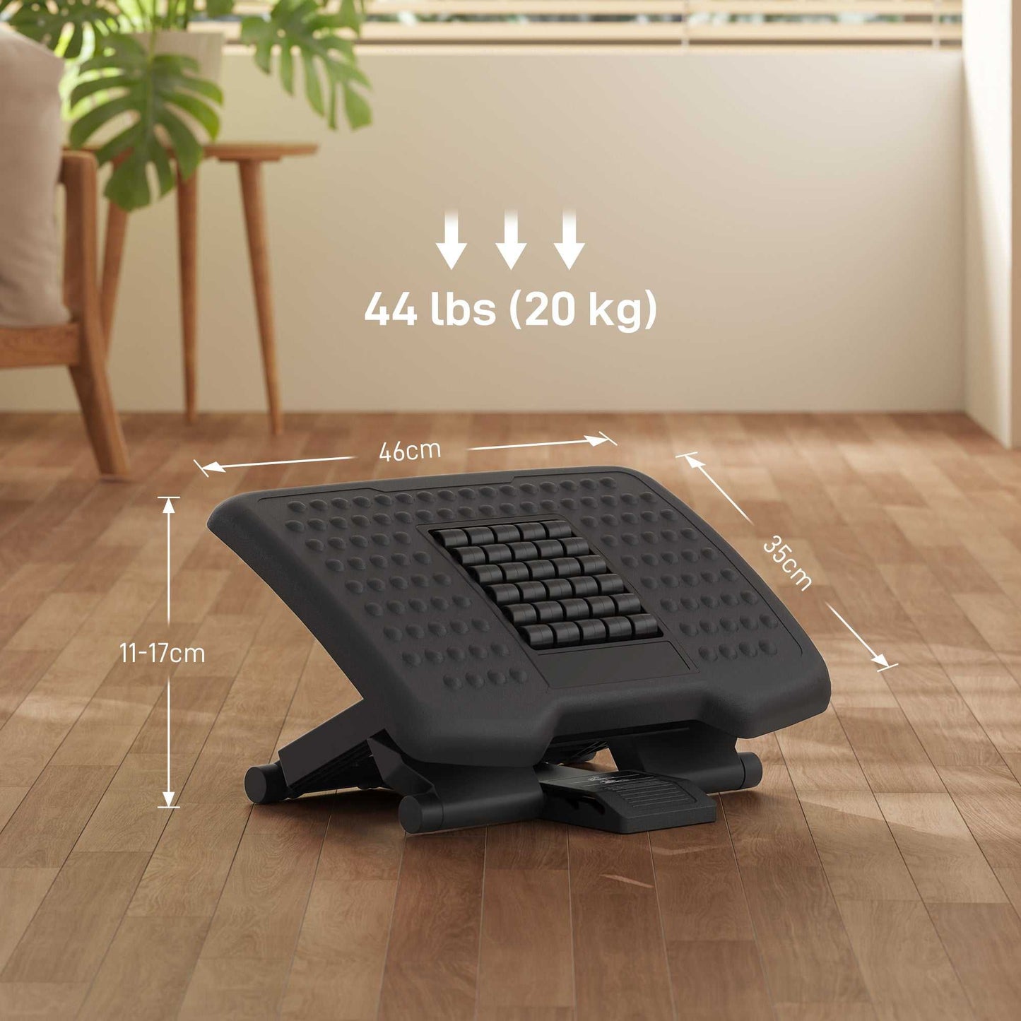Three-Level Multi-Angle Massage Footrest in black with adjustable height and massage rollers for ergonomic foot support