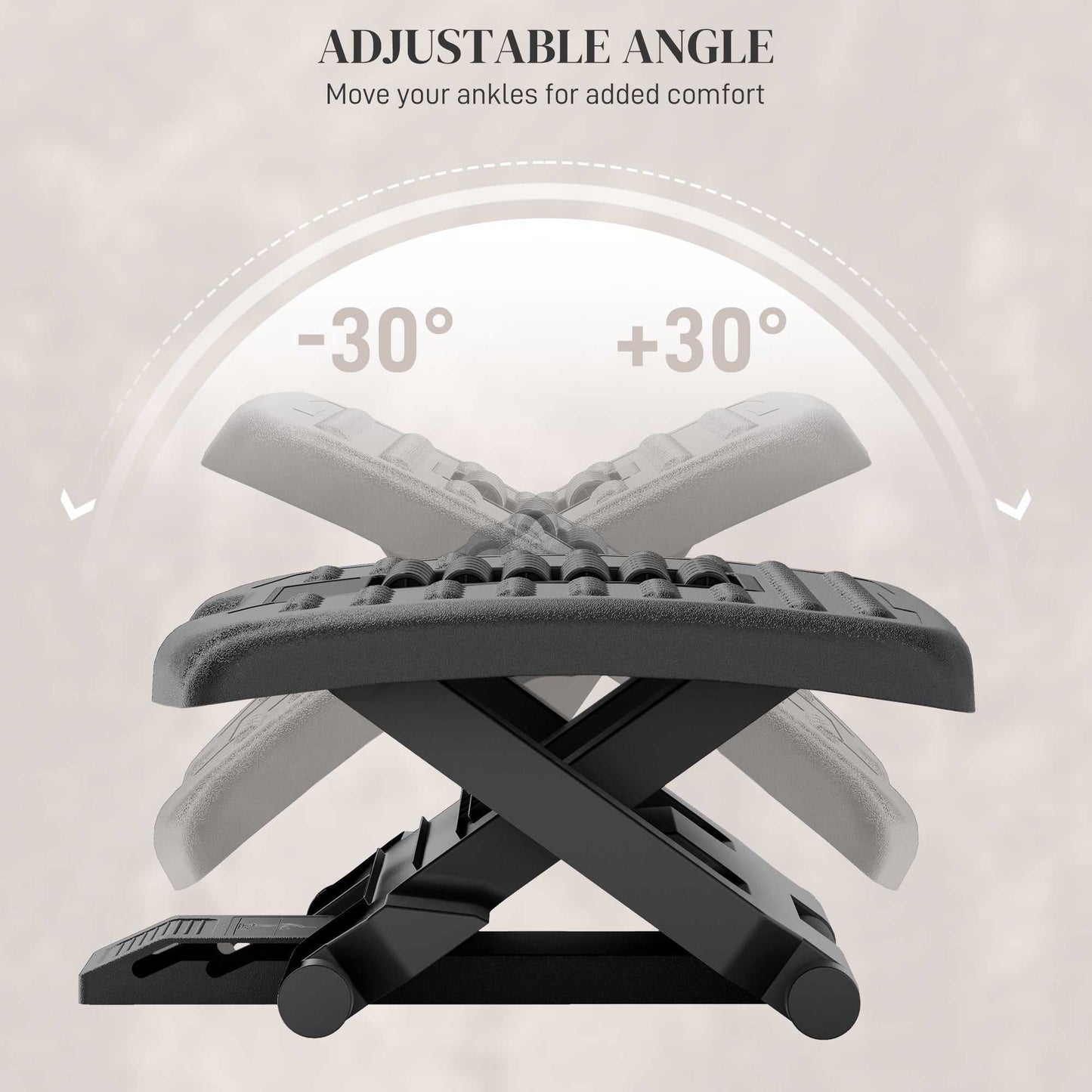 Three-level multi-angle massage footrest in black with adjustable height and textured surface for ergonomic support