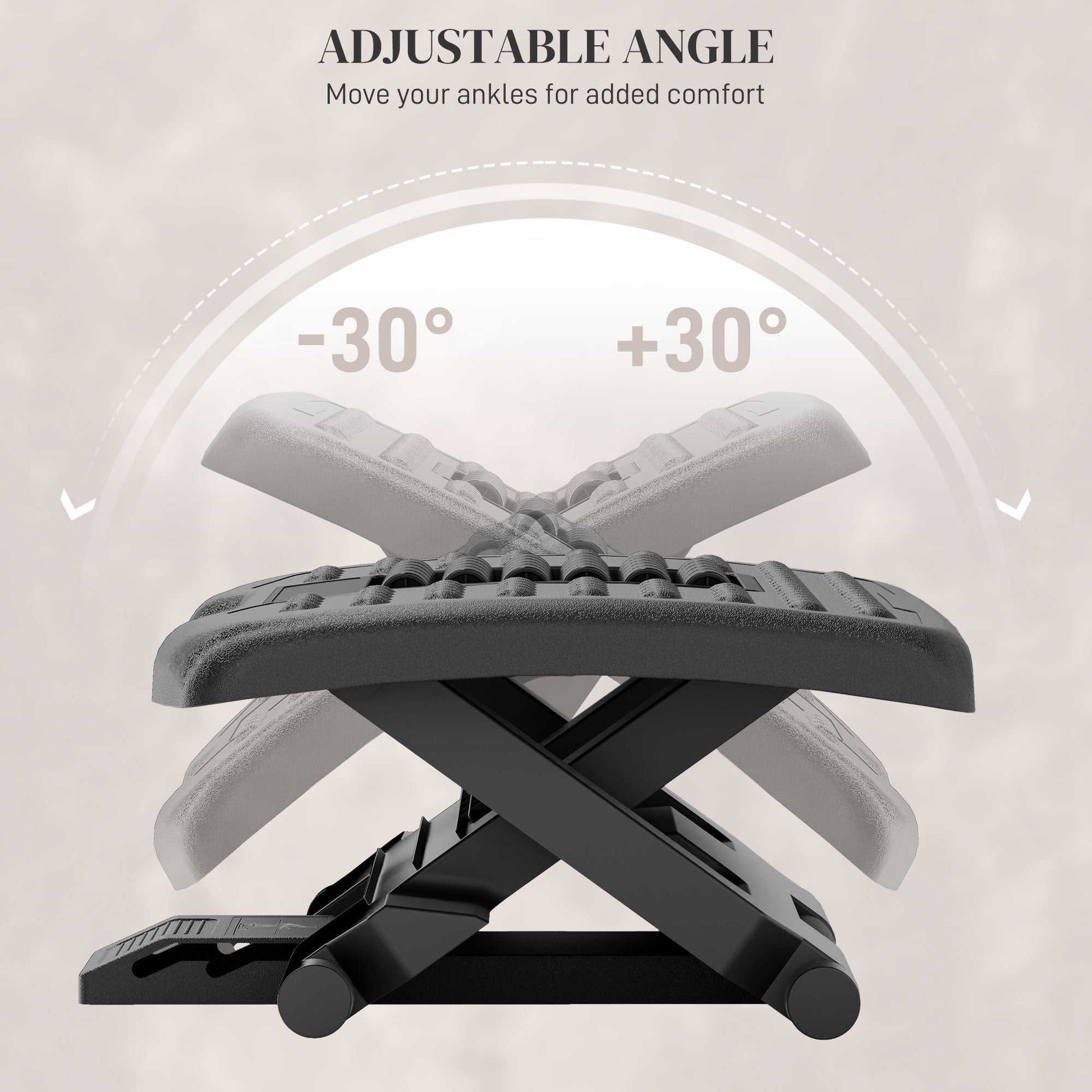 Three-level multi-angle massage footrest in black with adjustable height and textured surface for ergonomic support