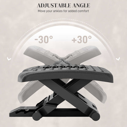 Three-level multi-angle massage footrest in black with adjustable height and textured surface for ergonomic support