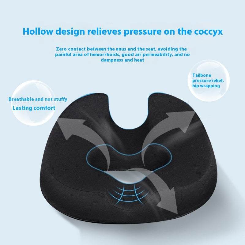 Black memory foam hemorrhoids cushion with hollow, breathable design for long sitting comfort
