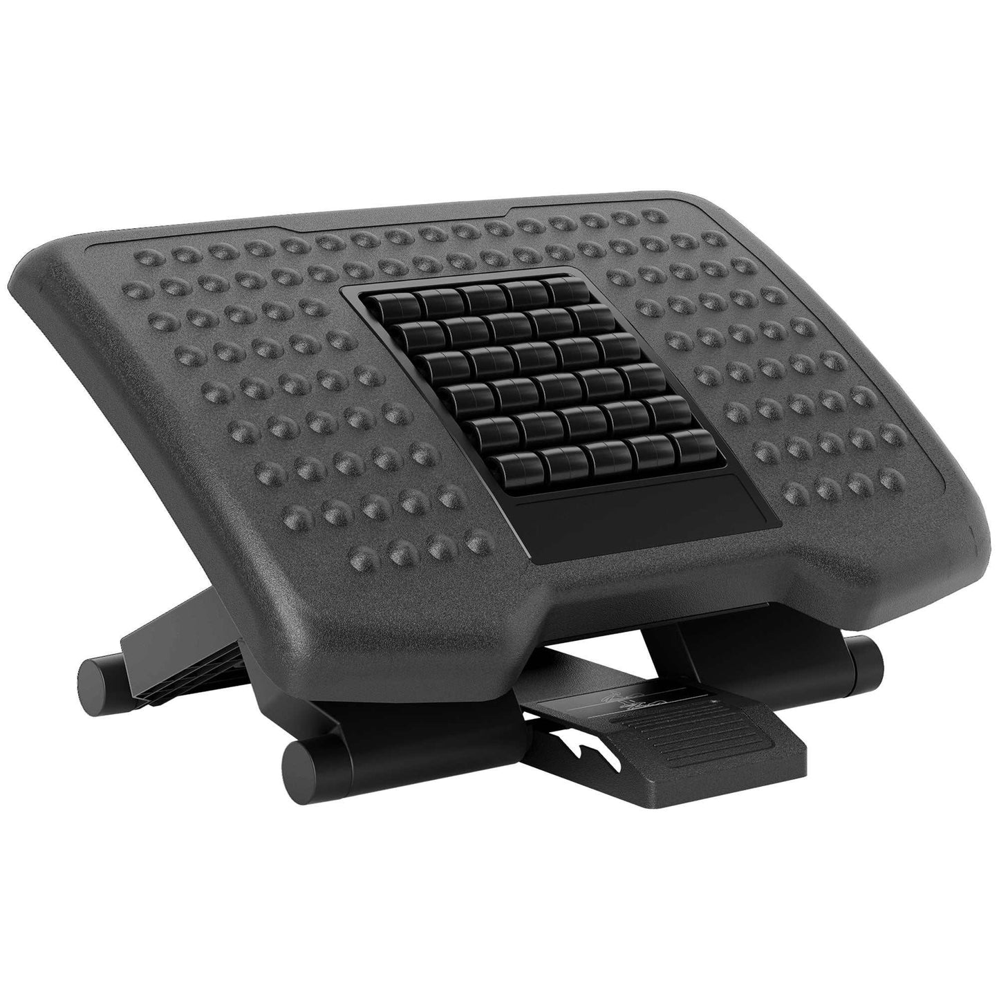 Black three-level multi-angle massage footrest with adjustable height and massage rollers for ergonomic support