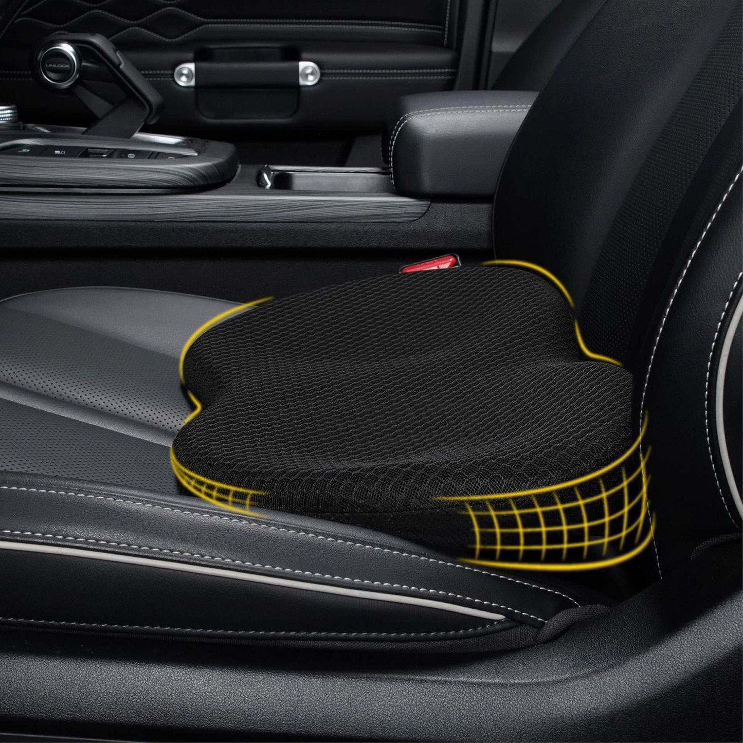 Thickened black car seat cushion with synthetic fiber filling and waist support for all-season use