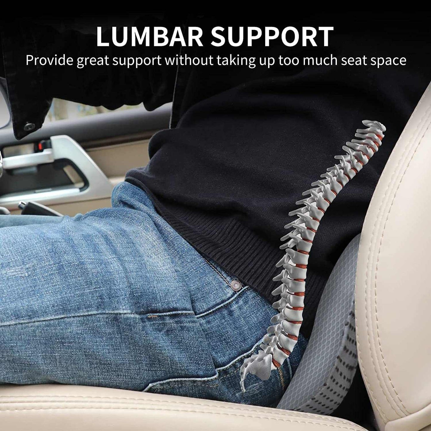 Thickened elegant black car seat cushion with synthetic fiber filling and waist support for all-season comfort
